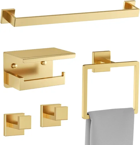 Vista 9 de Juego de accesorios de baño de 10 piezas en oro cepillado Juego de barra de toallas doradas, toallero/estante para baño, juego de accesorios de baño