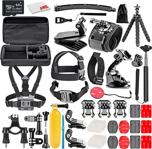 Vista 6 de Kit de accesorios para cámara de acción 50 en 1 con tarjeta micro SD de 64 GB + paño de limpieza de microfibra, compatible con GoPro Hero 8, 7, 6