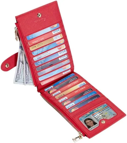 Vista 2 de Travelambo Billetera para mujer con bloqueo RFID plegable para múltiples tarjetas con bolsillo con cremallera, Rojo -, Minimalista