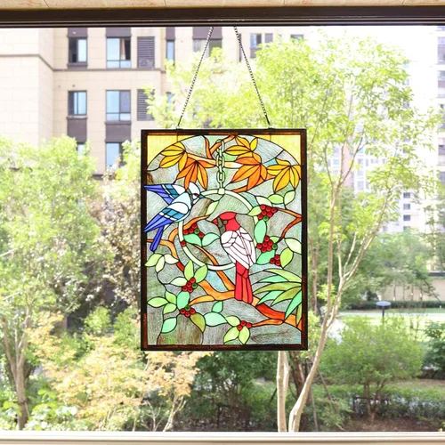 Vista 4 de BIeye W10052 Blue Jay and Cardinal on Branches Tiffany Style - Panel de vitral con cadena, forma rectangular, 18 pulgadas de ancho x 24 pulgadas