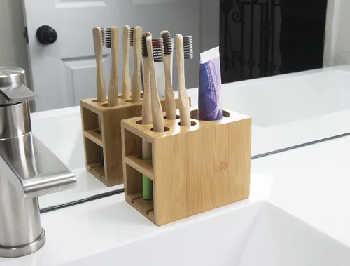 Vista 4 de Bamboo Naturals Soporte para cepillos de dientes, almacena 4 cepillos de dientes y 1 pasta de dientes, hecho de bambú 100% sostenible, elegante