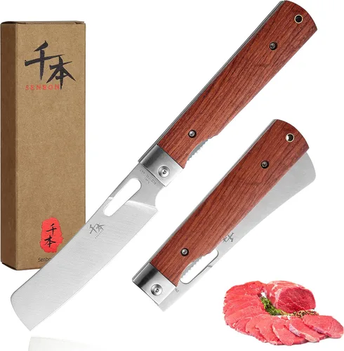 Vista 7 de SENBON 440A - Cuchillo plegable para cocinero, estilo japonés Un Nakiri de madera de olivo