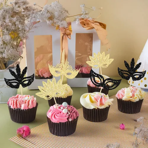 Vista 4 de 24 máscaras de mascarada, adornos para cupcakes, color negro y dorado con purpurina para despedida de soltera, para fiestas de cumpleaños, fiestas