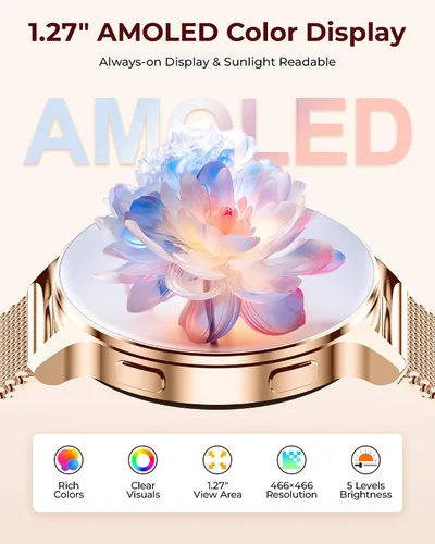 Vista 3 de Relojes inteligentes para mujeres, pantalla AMOLED de 1.27" con monitor de fitness, frecuencia cardíaca, SpO2, monitor de sueño, 3 bandas, más