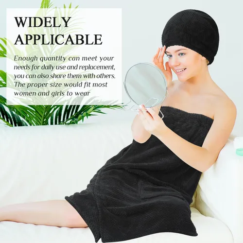 Vista 5 de Kinlop Juego de 4 toallas M para mujer, bata de spa con cierre ajustable, parte superior elástica y gorra para ducha de baño (negro)