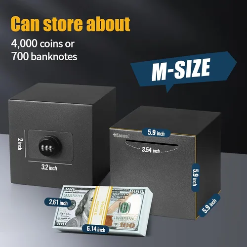 Vista 2 de hicocool alcancía para adultos con contraseña de acero inoxidable reutilizable, caja de dinero de metal con cerradura, caja de ahorro de dinero Negro