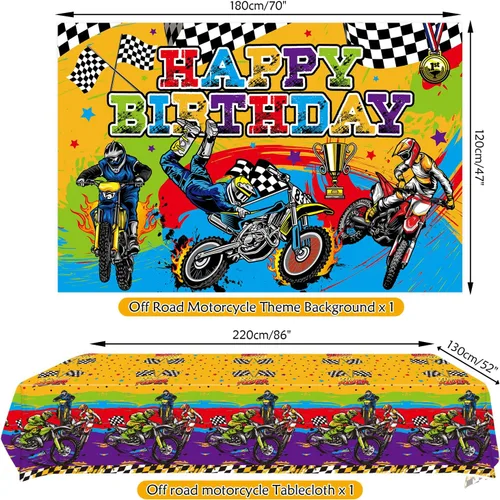 Vista 3 de Suministros de fiesta de motocross, incluye telón de fondo de feliz cumpleaños, plato, servilleta, vasos, adornos para pasteles, bolsas de regalo