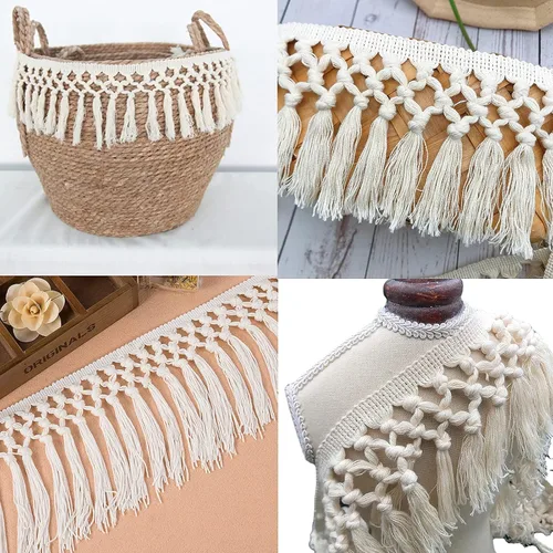 Vista 6 de FQTANJU Borla de algodón de 3 yardas de 5.5 in de ancho, borla de algodón, cinta bohemia de macramé para accesorios de costura, manualidades y Beige