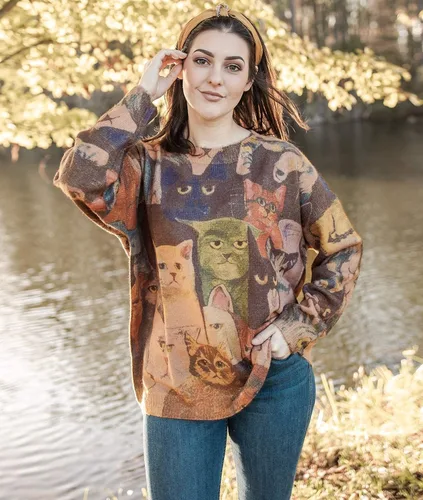 Vista 3 de YESNO - Suéter tejido de ajuste holgado y manga larga para mujer, con estampado gráfico, sin botones, casual - S01