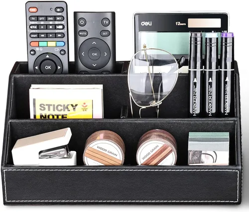 Vista 2 de KINGFOM™ Caja de almacenamiento y organizador de papelería multifunción para escritorio; estructura de madera y piel para la oficina del hogar; Negro