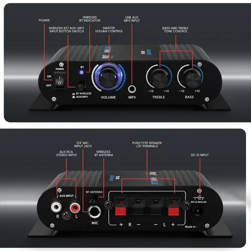 Vista 5 de Pyle PFA330BT mini amplificador inalámbrico estéreo Bluetooth de 90 Watt - entradas para micrófono, RCA, y auxiliar de 3,5 mm
