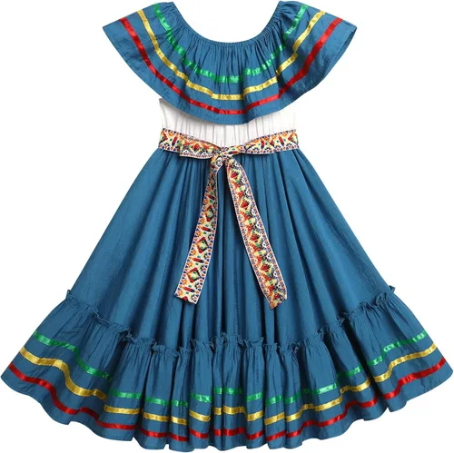 Vista 11 de IBTOM CASTLE Vestido mexicano para niñas, vestido folklórico tradicional con cinturón Rojo