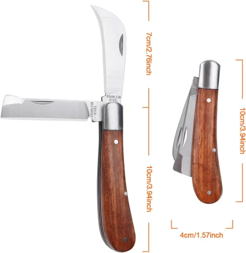 Vista 3 de Cuchillo de jardín y cuchillo de injerto Linsen-outdoors con doble hoja para uso zurdo y diestro, el diseño clásico con cómodo mango de palisandro