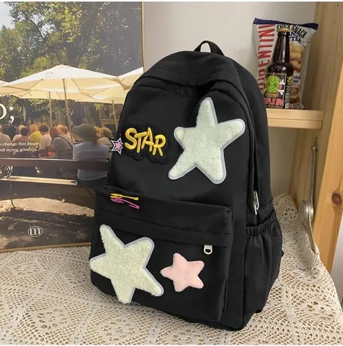 Vista 3 de Linda mochila para mujeres y hombres, diseño Kawaii Y2K moderno colorido Harajuku senderismo mochila de viaje mochila estética mochila, Negro