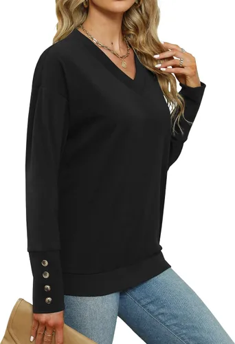 Vista 4 de Dimur Sudaderas con cuello en V para mujer, camisas de manga larga, estilo casual, a la moda, con botones, blusas 2023