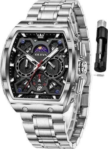 Vista 10 de OLEVS Men Watches Business Dress Chronograph Big Square Quartz Analog Male Watch Silicone Strap Waterproof Date Gift Mens Wrsit Watch Silver
