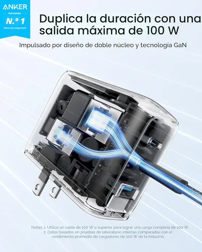 Vista 2 de Anker Cargador USB C máximo de 100 W, cargador de teléfono GaN de 3 puertos