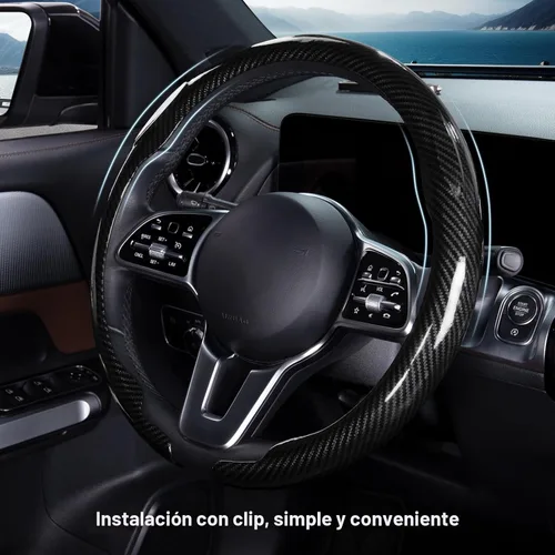 Vista 3 de Funda para volante de automóvil de fibra de carbono a presión, accesorios para volante, envoltura 14.5-15 pulgadas, agarre universal antideslizante