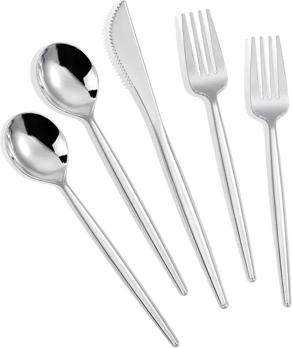 Vista 11 de MirthMood - 36 cubiertos de plástico dorados, cubiertos dorados desechables, utensilios desechables resistentes, juego de cubiertos de plástico