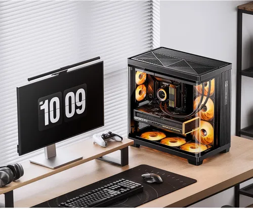 Vista 2 de JONSBO TK-4 Negro ATX PC Case, gabinete separado de la torre media de la computadora, vidrio envolvente bidoblado, aleación de aluminio, soporte