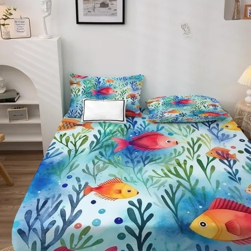 Vista 3 de Juego de sábanas tamaño individual: sábanas de cama de peces, sábanas y fundas de almohada, microfibra suave, bolsillo profundo y sin arrugas, juego