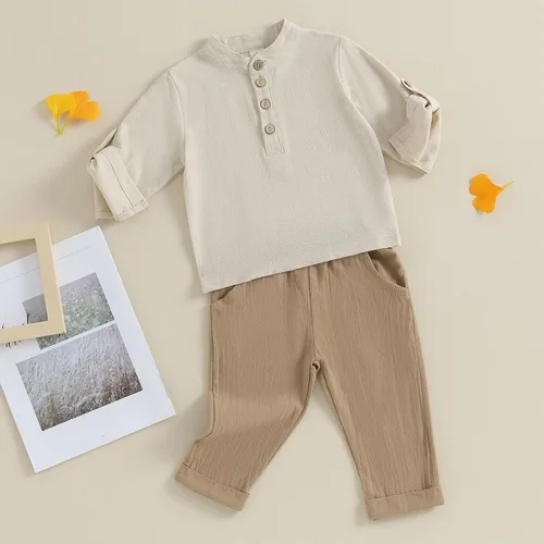 Vista 2 de Karuedoo Conjunto de camisas Henley de algodón y lino con botones y pantalones casuales para bebé niño
