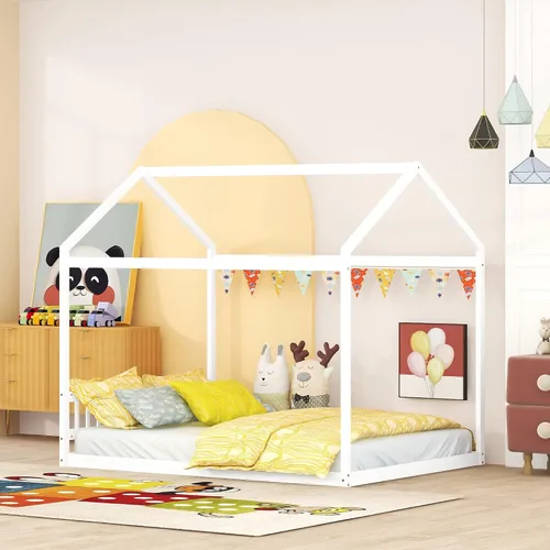 Vista 9 de Harper & Bright Designs Marco de cama de casa tamaño Queen, marco de cama Montessori de madera con cabecero, cama de piso para niños para niñas Gris