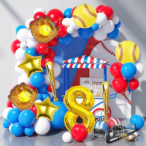 Vista 7 de 9 globos de sóftbol – Globos de papel de aluminio Mylar con número de cumpleaños de sóftbol – Suministros y decoraciones para fiestas (8vo)