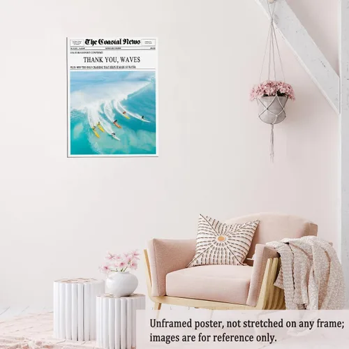 Vista 6 de The Coastal News Surf Culture - Póster de lienzo estilo periódico, póster impreso con ondas de agradecimiento y surf en el océano, póster moderno