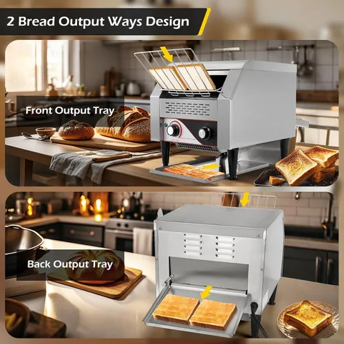 Vista 6 de Dyna-Living Tostadora comercial de 300 rebanadas/hora, tostadora comercial de acero inoxidable de 1900 W, tostadoras giratorias de acero inoxidable
