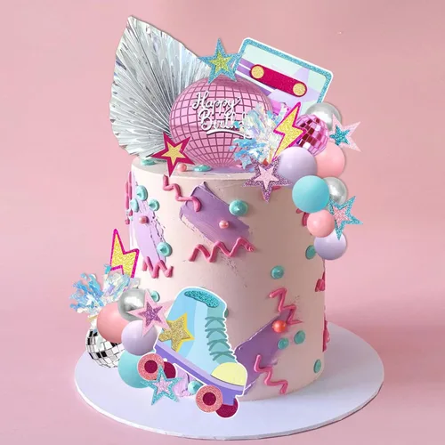 Vista 2 de 40 adornos para tartas de patinaje de los años 80 y 90, decoración retro de cumpleaños de niña con mini bolas para patinaje, suministros de fiesta