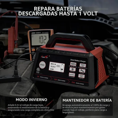 Vista 4 de TowerTop Cargador de batería inteligente de coche de 2/10/25 amperios de 12 V, mantenedor de batería completamente automático con arranque