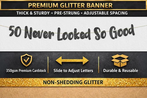Vista 3 de Cartel negro con purpurina preencordada de 50 «Never Looked So Good» – Decoraciones de 50 cumpleaños y aniversario para hombres y mujeres