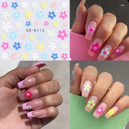 Vista 4 de Calcomanías de arte de uñas de flores 5D en relieve, calcomanías de uñas autoadhesivas para primavera y verano, accesorios de flores 3D
