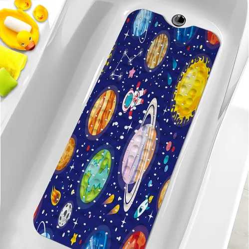 Vista 8 de Tapetes de bañera para niños, tapete de baño de astronauta negro antideslizante para bañera de 40 x 16 pulgadas, grande, lavable, antideslizante