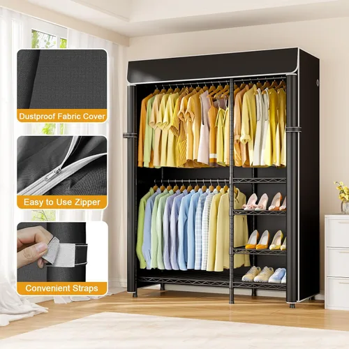 Vista 4 de ULIFHOME F2C - Perchero con funda, percheros para colgar ropa, perchero resistente con estantes y barras de suspensión, armario negro con cubierta