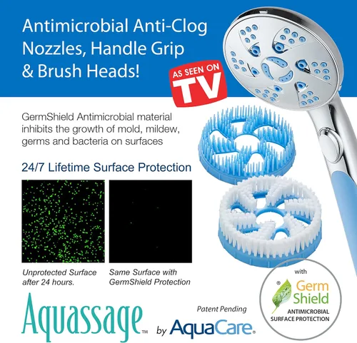 Vista 5 de Aquassage 5 en 1 de AquaCare - Cabezal de ducha de alta presión de 76 modos, combinado, ducha de mano, cepillo corporal y cepillo de pelo en uno.