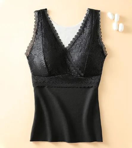 Vista 6 de Camiseta sin mangas adelgazante para mujer, cuello en V, camisola de encaje con brasier integrado, capa base