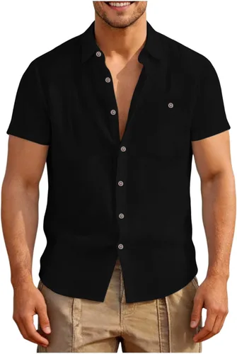 Vista 7 de Camisas con botones para hombre, verano, playa, vacaciones, camisa hawaiana, color sólido, guayabera cubana, manga corta, vestido casual