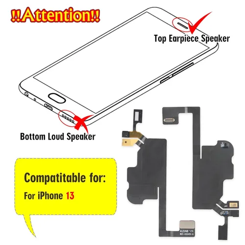 Vista 5 de Altavoz auricular para iPhone 13 - Reemplazo con luz, sensor de proximidad, cable flexible y herramientas