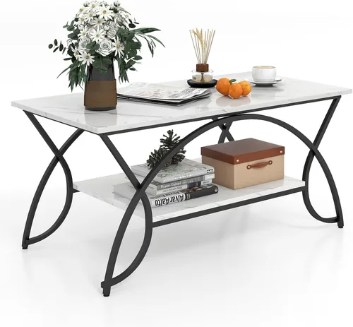 Vista 12 de GOFLAME Mesa auxiliar industrial, mesa central rectangular de 2 niveles con estante de almacenamiento, mesa decorativa con marco de metal arqueado