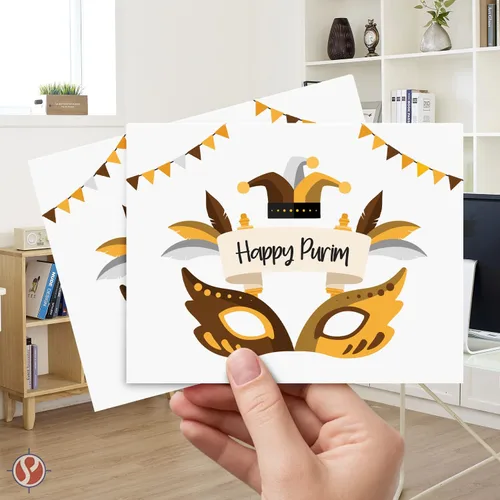 Vista 3 de 25 tarjetas de felicitación Happy Purim, máscara tradicional de símbolos de Purim, pergamino, invitaciones de felicitación religiosas judías