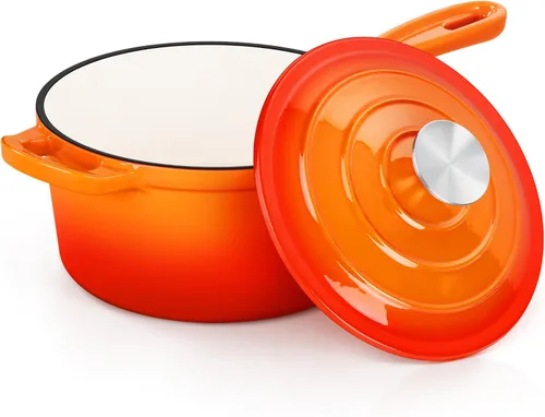 Vista 24 de E-far Sartén de hierro fundido esmaltado con tapa, cacerola de horno holandés de 1 cuarto de galón, mini olla para cocinar, hervir, saludable