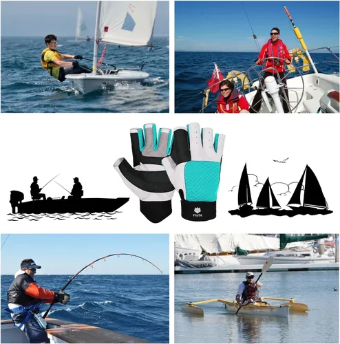 Vista 6 de FitsT4 Sports Guantes de vela de 3/4 dedos y agarre, ideales para vela, yate, remo, kayak, pesca, deportes acuáticos para hombres y mujeres