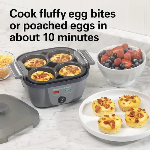 Vista 3 de Hamilton Beach Olla eléctrica 6 en 1 para huevos duros, máquina para picaduras de huevos estilo Sous Vide y cazador escalfador, sartén antiadherente