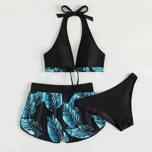 Vista 4 de Traje de baño sexy de 2 piezas con nudo frontal para mujer, con estampado de sombra de palma, con pantalones cortos