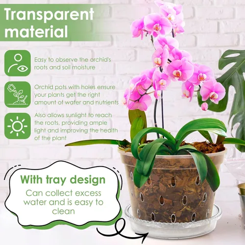 Vista 5 de UKQRRTC 5 macetas de orquídeas para trasplantar, macetas de orquídeas ranuradas transparentes con agujeros y platillos, maceta de plástico
