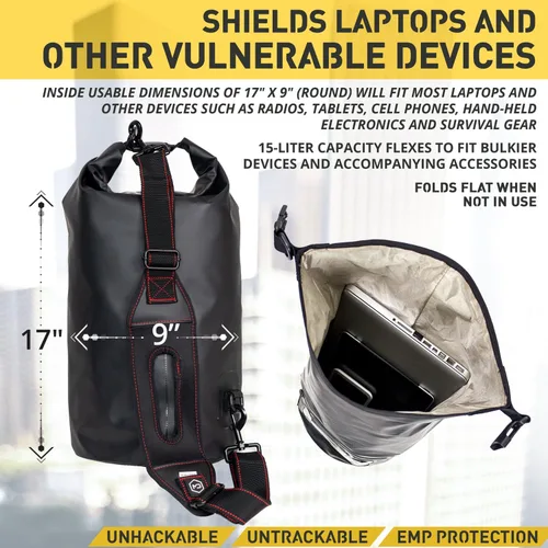 Vista 3 de Mission Darkness Dry Shield Faraday Tote 15L/ Bolsa seca impermeable para seguridad y transporte de dispositivos electrónicos, bloqueo de señal