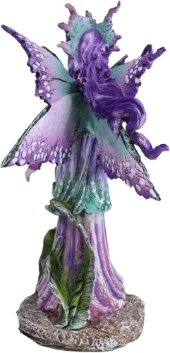 Vista 4 de Ebros Amy Brown Pixie Gossip Enchanted Elf Fairy FAE Damisela con ninfa púrpura índigo, estatua de libélula de 7.5 pulgadas de alto, fantasía mítica