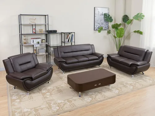 Vista 28 de Sofás de cuero para sala de estar, juego de sofá para dormitorio, apartamento, juegos de muebles de sala (a-cuero negro, sofá+sofá biplaza+silla)